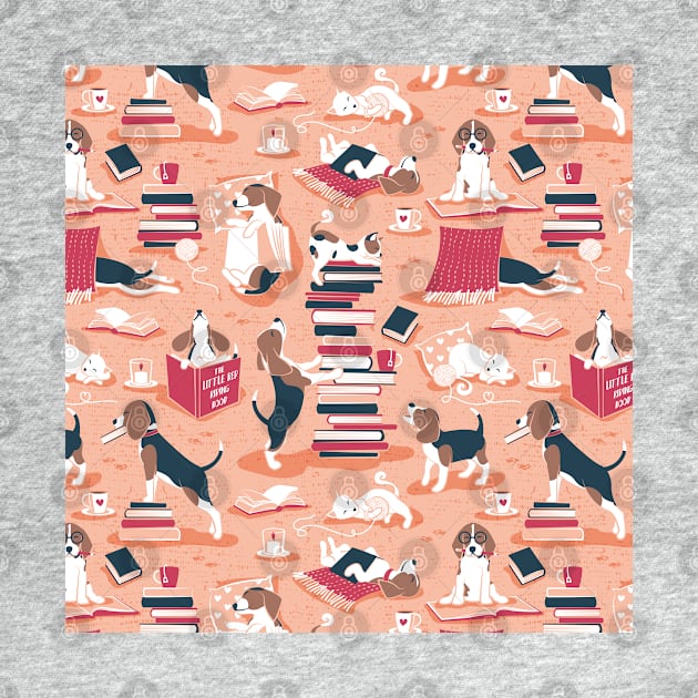 Life is better with books a hot drink and a friend // pattern // coral background brown white and blue beagles and cats and red cozy details by SelmaCardoso